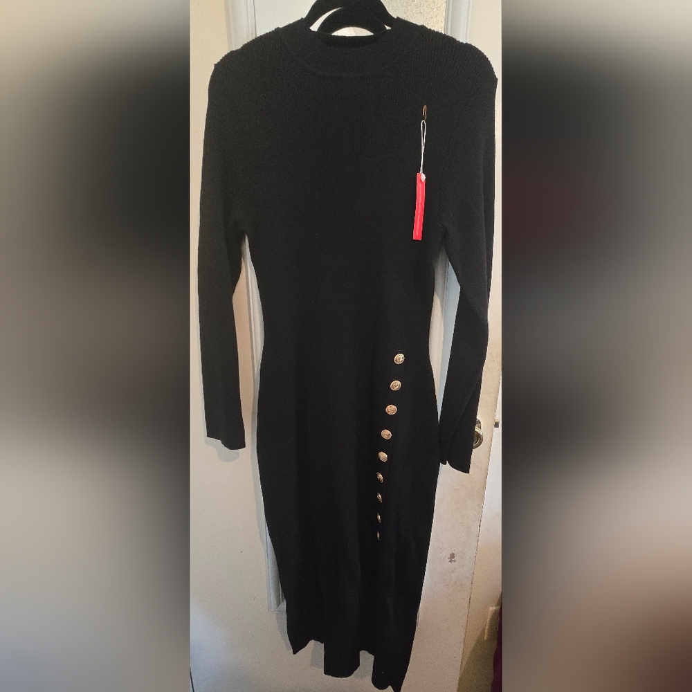 Elegant Black Dress with Gold Button Accents